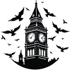 Big Ben Silhouette with Bats Vector Illustration: London Clock Tower, Gothic Style, Halloween Theme, Architecture Design Element