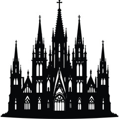 Silhouette of Gothic Cathedral: Architectural Design, Church Spire, Religious Landmark, Black & White Illustration, Vector Graphic Art