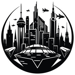 Futuristic Cityscape Black and White Vector Illustration: Sci-Fi Skyline with UFO, Skyscrapers, and Flying Vehicles - Modern Graphic Art