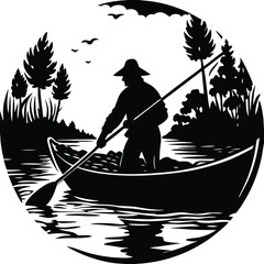 Silhouette Illustration of a Man Canoeing on a Lake: Nature, Paddling, Outdoors, Water, Trees, Wildlife, Recreation, Vector Art
