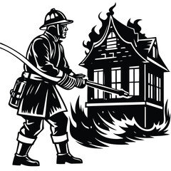 Firefighter Extinguishing House Fire Vector Illustration: Heroic Fireman, Burning Building, Emergency Response, Black and White Graphic Art