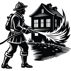 Firefighter Extinguishing House Fire Vector Illustration: Black and White Graphic of a Fireman Battling Flames at a Burning Home