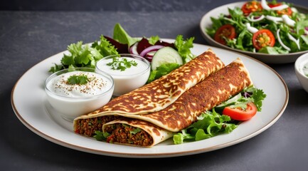 Fluffy pancakes garnished with yogurt and fresh salad on a plate, surrounded by colorful dips and drinks for a vibrant culinary presentation