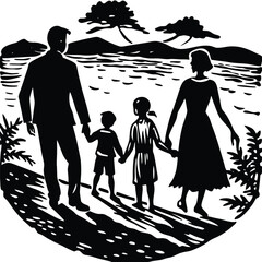 Family Silhouette Woodcut Print: Parents and Children Walking by Lake, Nature Scene, Vintage Style Illustration