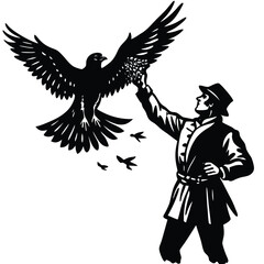 Falconry Illustration: Man with Bird of Prey, Vintage Style Black and White Graphic Art, Wildlife, Falcon Training, Hunting Image