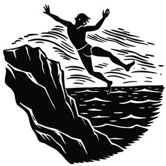 Cliff Diving Black & White Woodcut Illustration: Man Jumping from Cliff into Ocean, Adventure, Risk, Summer Fun, Water Sport Art