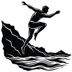 Man Cliff Diving Silhouette Vector Illustration: Brave Jumper, Ocean Adventure, Black & White Graphic, Water Sport Icon