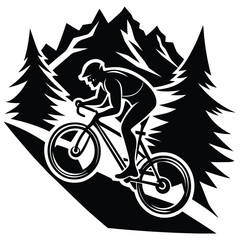 Mountain Biking Silhouette Vector: Cyclist Riding Downhill in Forest Landscape with Mountains, Black and White Graphic Illustration