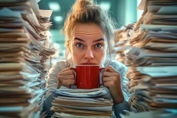 stressed office worker with coffee mug looking at tall stacks of paperwork at desk in modern office