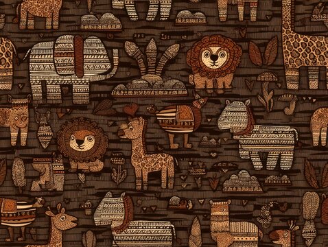 Seamless Tribal African Safari Animals Pattern Elephants Lions Giraffes and More