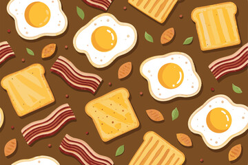Create a vibrant, seamless pattern featuring sunny-side-up eggs, bacon, toast, and coffee cups, ideal for kitchen textiles or wrapping paper.