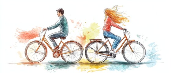 Fototapeta premium Couple cycling, watercolor art, romance, freedom.
