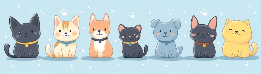 Fototapeta premium Cute handdrawn animal icons with collars and toys, petthemed illustration pack, soft colors and playful expressions, designed for pet lovers