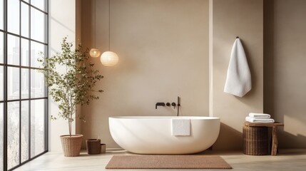 Fototapeta premium Elegant modern bathroom featuring a freestanding tub and natural light