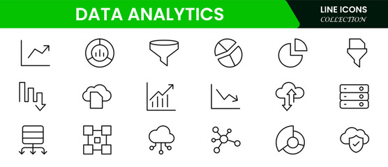 Data analytics web icons set in thin line design. Pack of database, big data process, ai, monitoring, traffic, hosting service, optimization, backup, chart and other. Vector outline stroke icon design