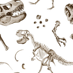 Seamless pattern with dinosaur Rex skeleton. Theranosaurus parts, bones and paws. Jurassic fossils and rocks. Watercolor illustration without background. Hand drawing. © Alena Sid