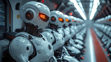 Rows of futuristic robots line a modern, high-tech corridor.