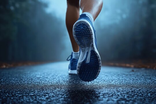 Close-up of young man running at night with fog and dramatic backlight on street
