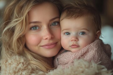 Mother and Baby Sharing a Tender Moment in Cozy Minimalist Interior with Soft Natural Light