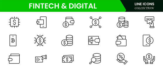 Fintech & Digital Icons vector illustrations with thin lines contain digital banking, mobile payments, cloud tech, robotics, digital wallet, SAAS, app, neo bank, crowdfunding, financial innovation.