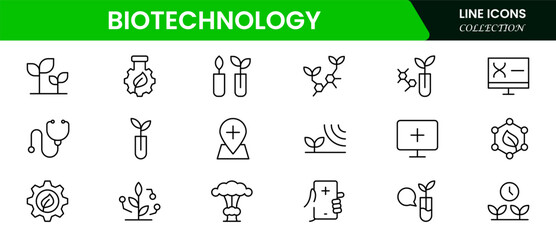  Biotechnology line icons. Includes icons for scientific, innovation, scientist, experiment, microscope, interaction, and science.  Minimalis vector icon and illustration.