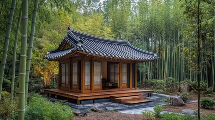 Fototapeta premium Traditional korean house surrounded by a dense bamboo forest