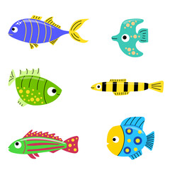 Set of Six Bright Tropical Fish, Colorful Underwater Marine Life Collection with Exotic Fishes for Ocean, Aquarium, and Nature Inspired Designs