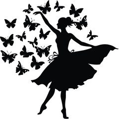 Silhouette Art: Ballerina Dancing with Butterflies - Elegant Black and White Vector Graphic for Wall Decor & Creative Projects