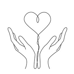 Heart in hands. continuous line vector drawing isolated on white background