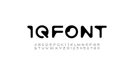 Font digital cyber alphabet, cyberpunk rounded letters A, B, C, D, E, F, G, H, I, J, K, L, M, N, O, P, Q, R, S, T, U, V, W, X, Y, Z and futuristic numerals 0, 1, 2, 3, 4, 5, 6, 7, 8, 9