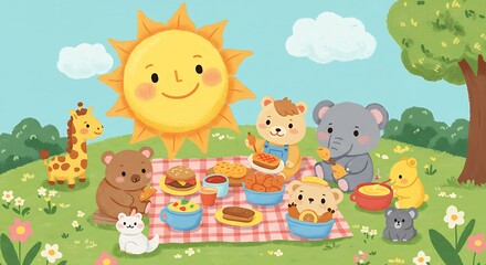Animated Animals Having a Picnic in a Meadow with Sun