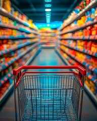 Empty shopping cart in supermarket aisle