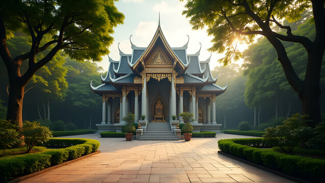 Capture a revered vesak sacred place where ancient temples lush gardens and solemn devotional altars merge to form a sanctuary of profound spiritual serenity in  Photo Stock  Concept  and empty space 