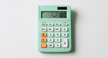 Calculator Showing 100 with Smiley Face on White Background