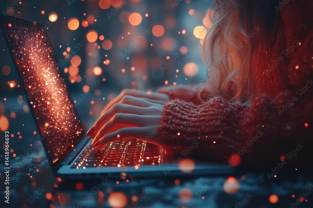 Aufkleber woman typing on laptop keyboard working from home browsing internet online communication digital dev