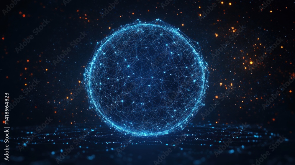 Poster futuristic digital network sphere with connected nodes and lines in wireframe style on dark space ba