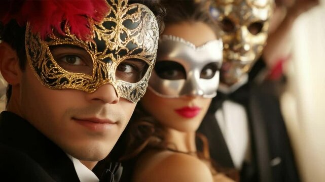 Masquerade Ball Mystery: Three elegant figures, partially obscured by ornate masquerade masks, create an air of mystery and intrigue.