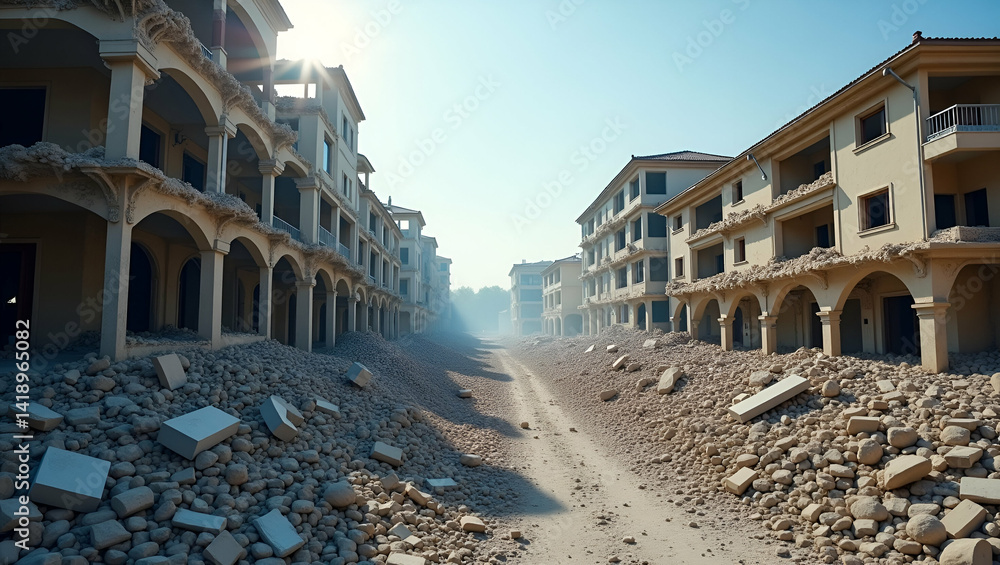 Poster documenting extensive earthquake damage emphasizing compromised structures broken infrastructure deb