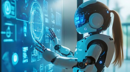 Futuristic humanoid robot interacting with a bright digital interface display