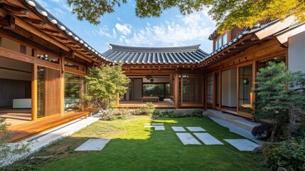 Traditional korean courtyard house showcasing architecture and landscape design