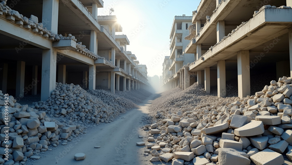 Poster documenting extensive earthquake damage: analyzing compromised structures, broken infrastructure, de