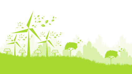 Ecology concept with green city silhouette sustainable development environment concept vector illustration good for web banner, ads banner, campaign banner, wallpaper, backdrop and green campaign