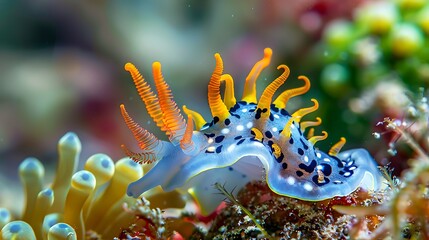 Colorful Nudibranch Swimming Through Coral Reef with Vibrant Tentacles in Underwater Paradise