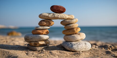 Stacked stones on beach, creating a balanced archway