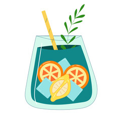 Summer Green Cocktail with Orange, Lemon, Ice Cubes and Straw, Refreshing Drink Illustration for Beverage, Party, and Refreshment Designs