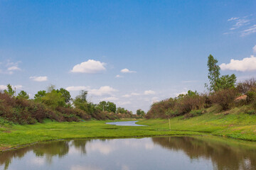 Serene river reflection green valley nature scene calm environment wide angle view tranquil concept for relaxation