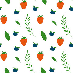 Seamless Summer Pattern with Strawberries, Blueberries, and Green Leaves, Fresh Fruit and Nature Design for Textile, Wrapping Paper, and Seasonal Decor