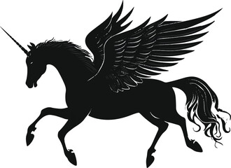 flying pegasus line art silhouette vector illustration, Flying unicorn silhouette icon. Clipart image isolated on background