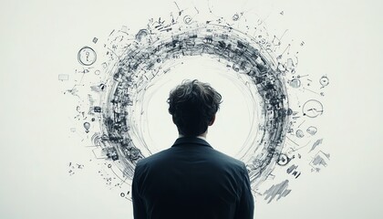 Businessman back view in 3D, observing a circle of handdrawn business icons, clean white background, strategic thinking and creativity theme