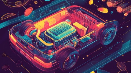 Obraz premium Isometric cutaway view of a vibrant car engine, showcasing internal components with a retro-futuristic design.